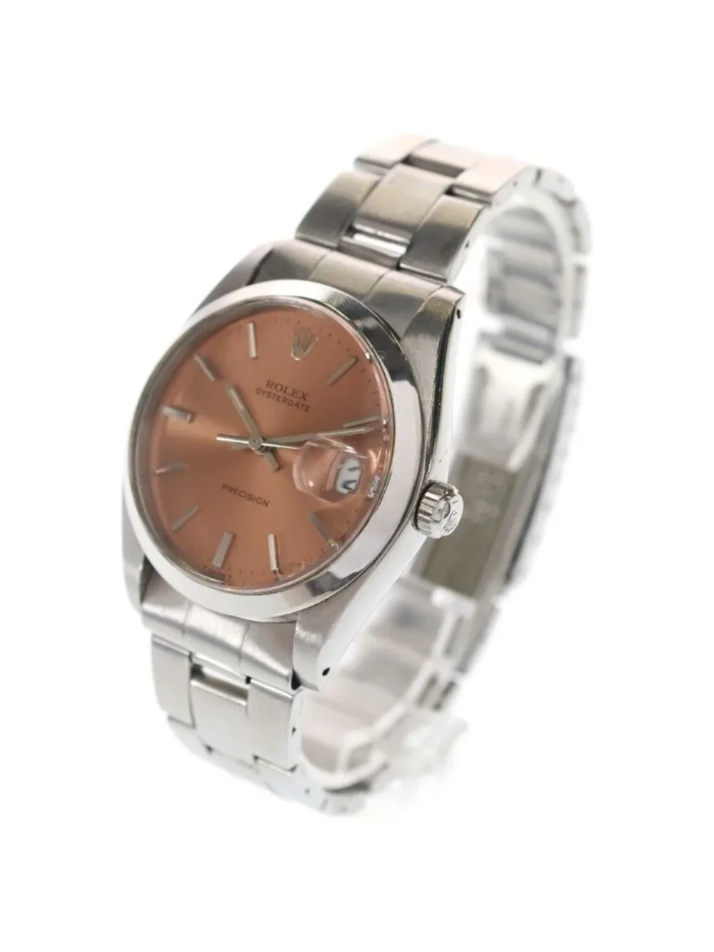 Rolex Oyster Date Precision SS Hand Wound Stainless Steel Watch Salmon Pink Dial